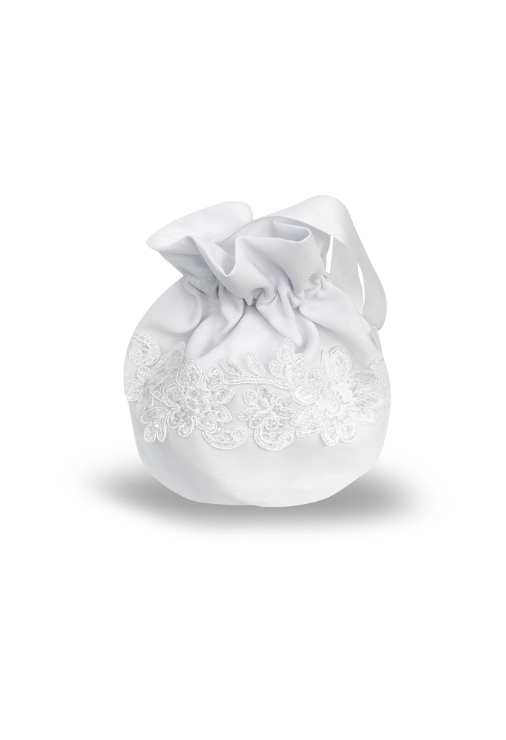 communion bag in the form of a pouch with a floral ribbon