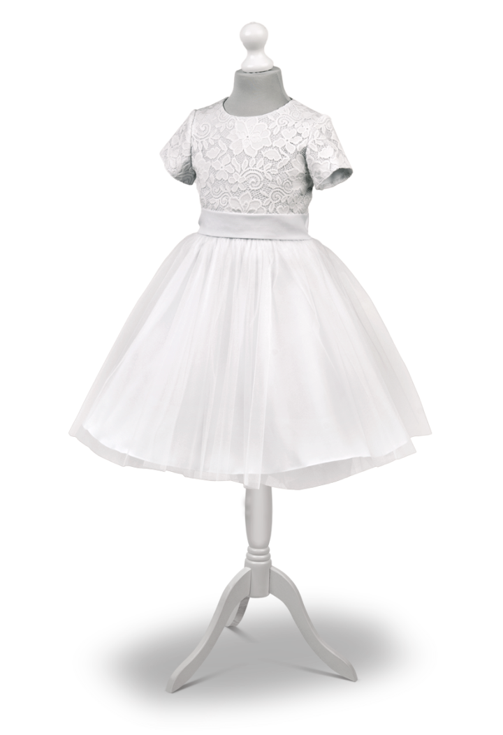 Weißes kurzes Erstkommunionkleid mit Chiffon-Rock