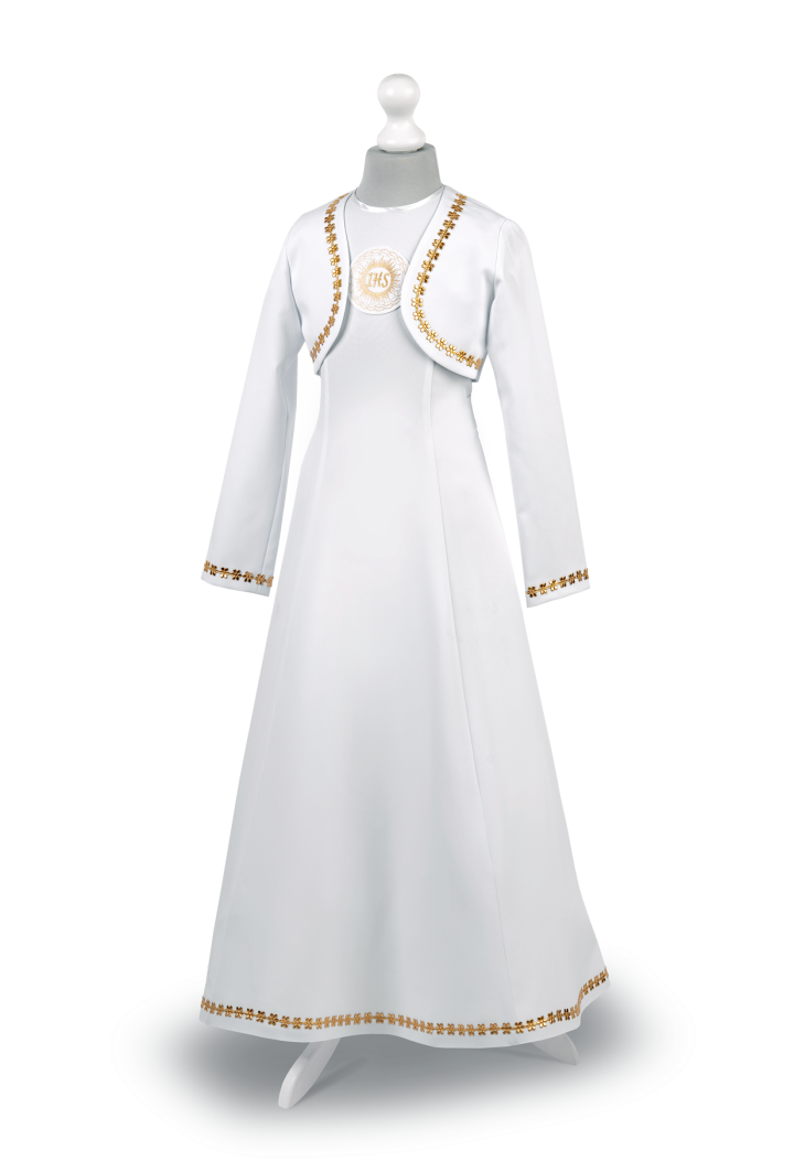 Skromna sukienka komunijna zdobiona złotymi kwiatkami Celinka 024 - MKMaryla