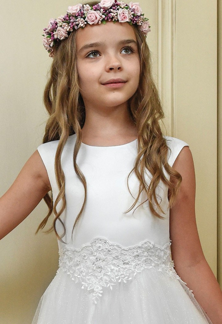 Tiulowa sukienka komunijna z efektownym zdobieniem w pasie - Laura 140 - MKMaryla