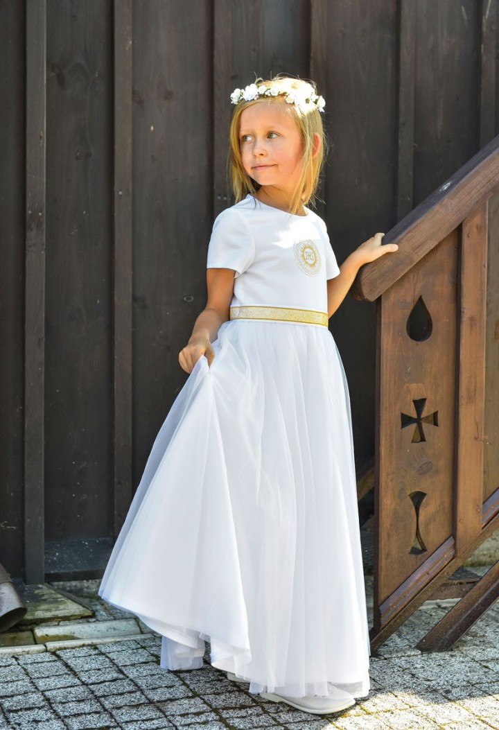 Piękna sukienka komunijna z szyfonem i złotym zdobieniem - Tosia 025 - MKMaryla