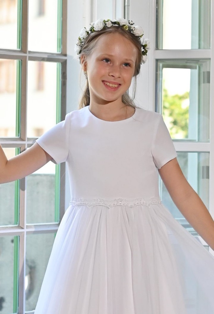 Śnieżnobiała sukienka komunijna z szyfonem - Tosia 176 - MKMaryla