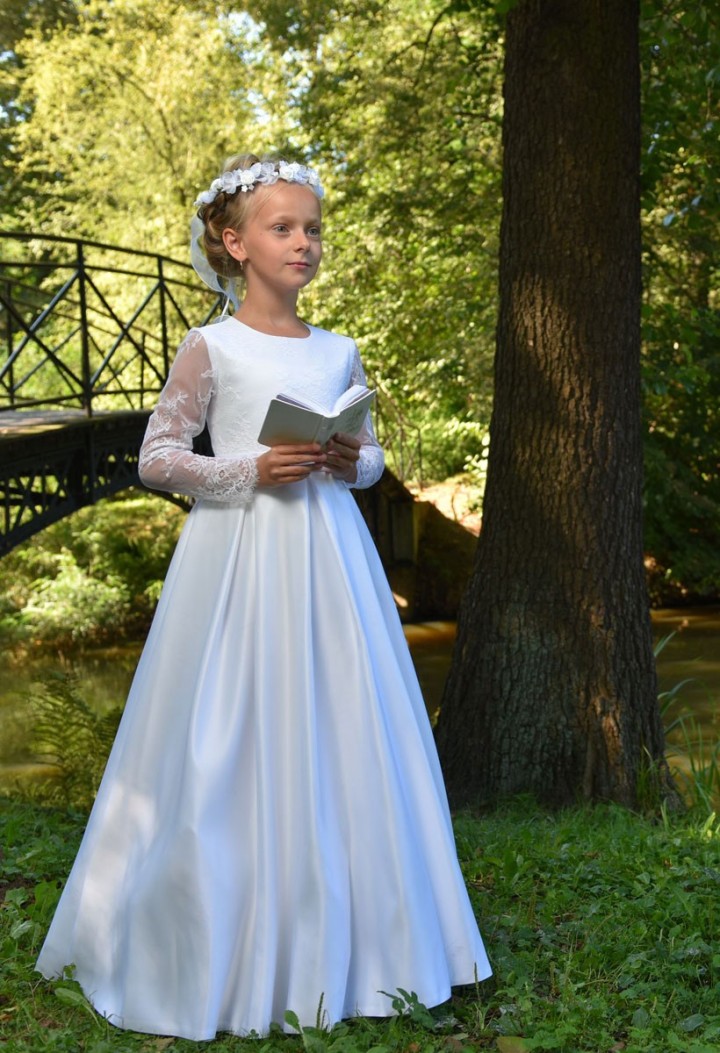 Urocza sukienka komunijna, satynowa z delikatną koronką na korpusie - Elza 000 - MKMaryla