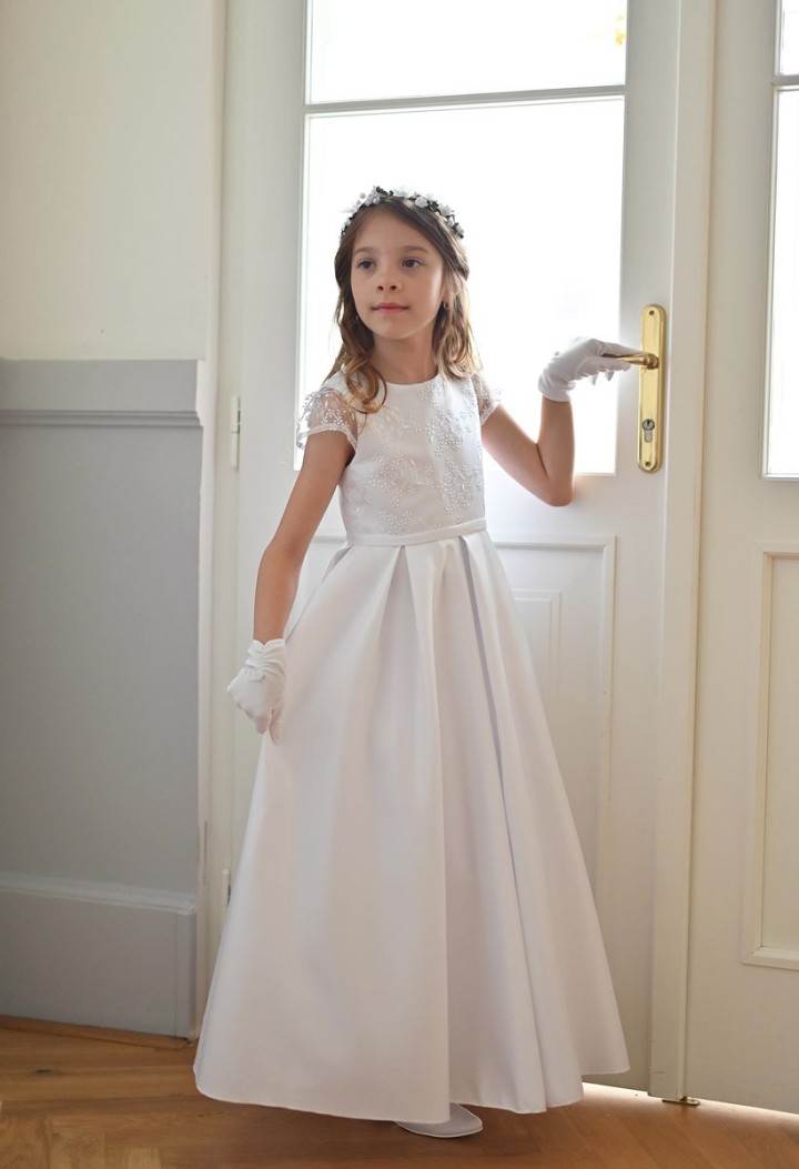 Sukienka komunijna satynowa z koronkowym korpusem - Elza 065- MKMaryla