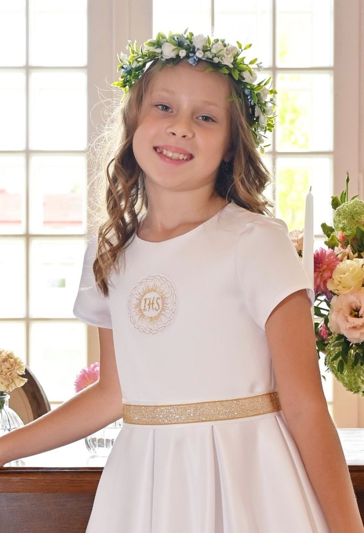 Sukienka komunijna wykończona złotym zdobieniem Elza 025 - MKmaryla