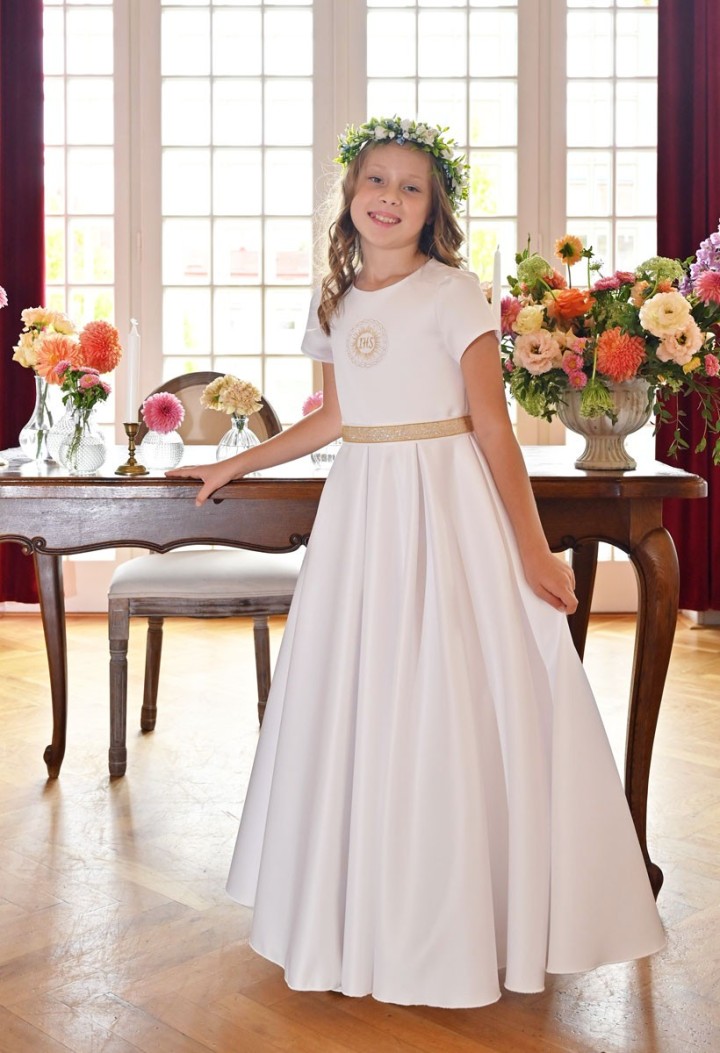 Śnieżnobiała satynowa sukienka do Pierwszej Komunii - Elza 025 MKMaryla