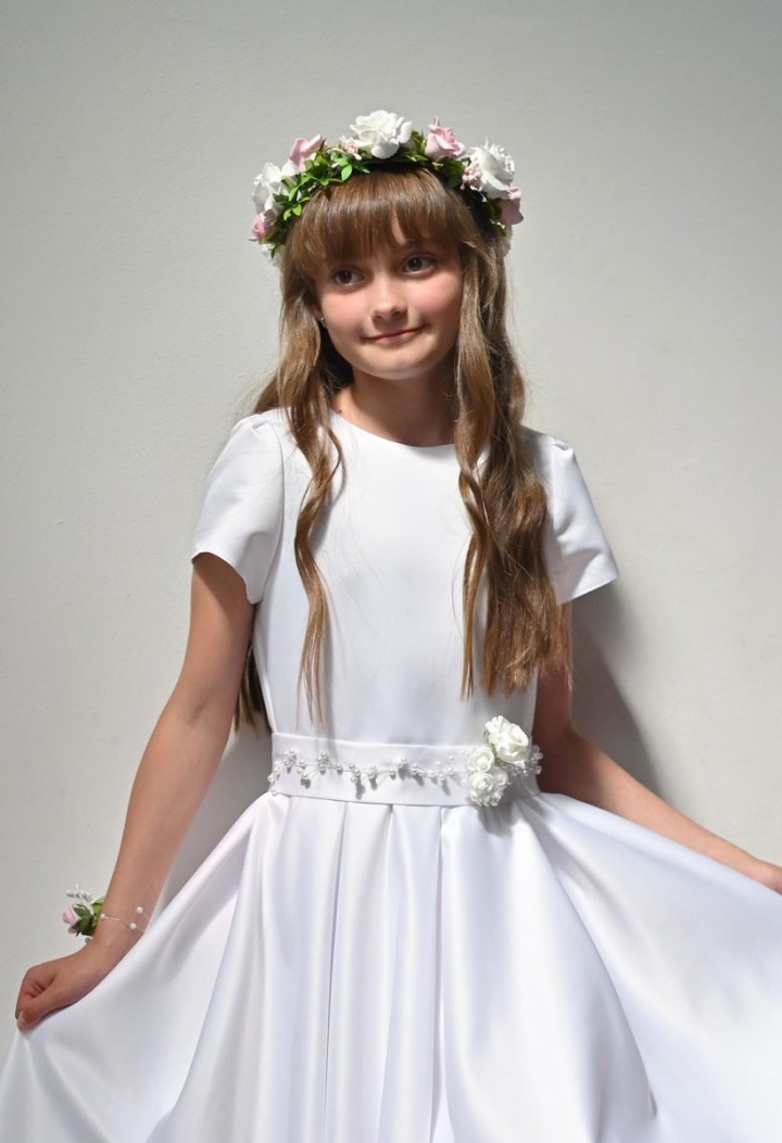 Sukienka z pełnego koła na Pierwszą Komunię, satynowa - Elza 092 - MKMaryla