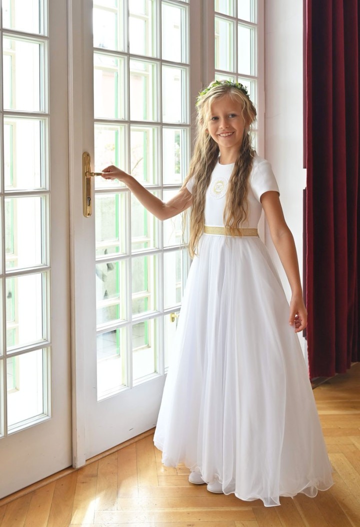 Wyjątkowa sukienka komunijna z szyfonem i satyną - Laura 025 - MKMaryla