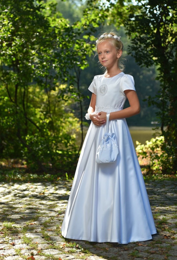 Elegancka sukienka z satyny na komunię - Alicja 053 - MKMaryla