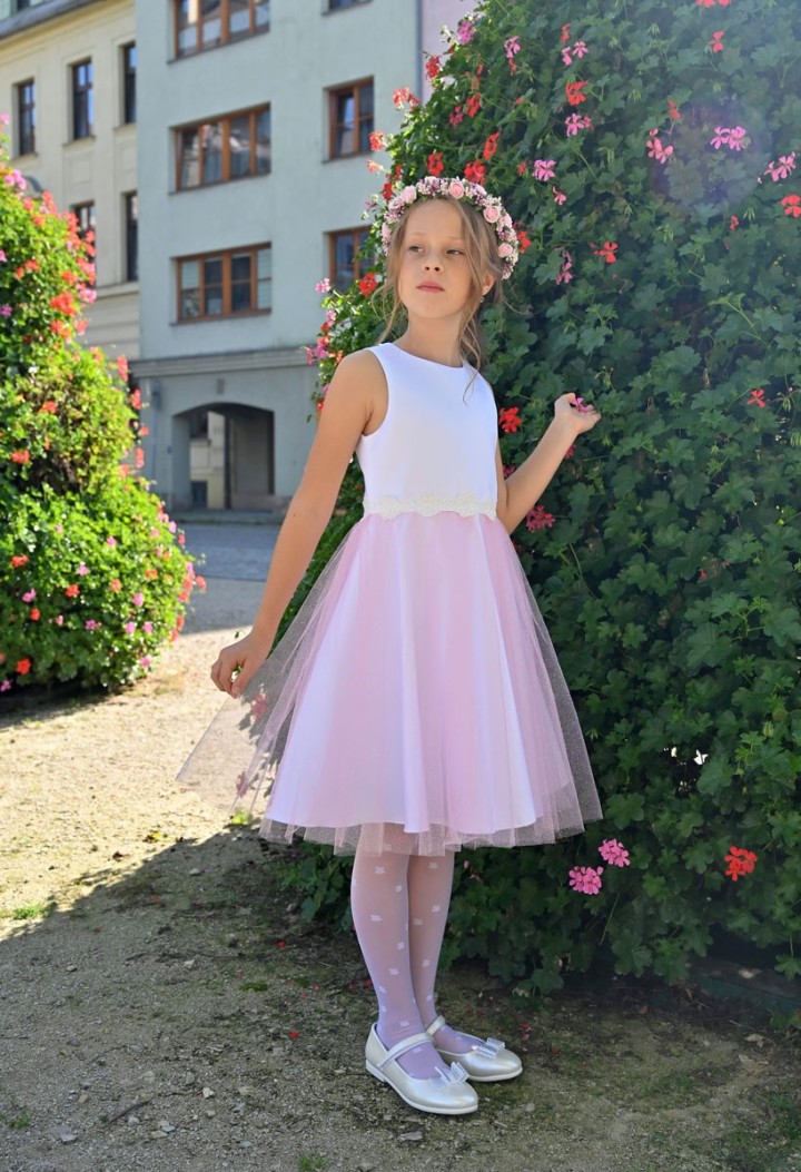 Klara 174 - pink satin dress with tulle - Manufacturer - MKMaryla