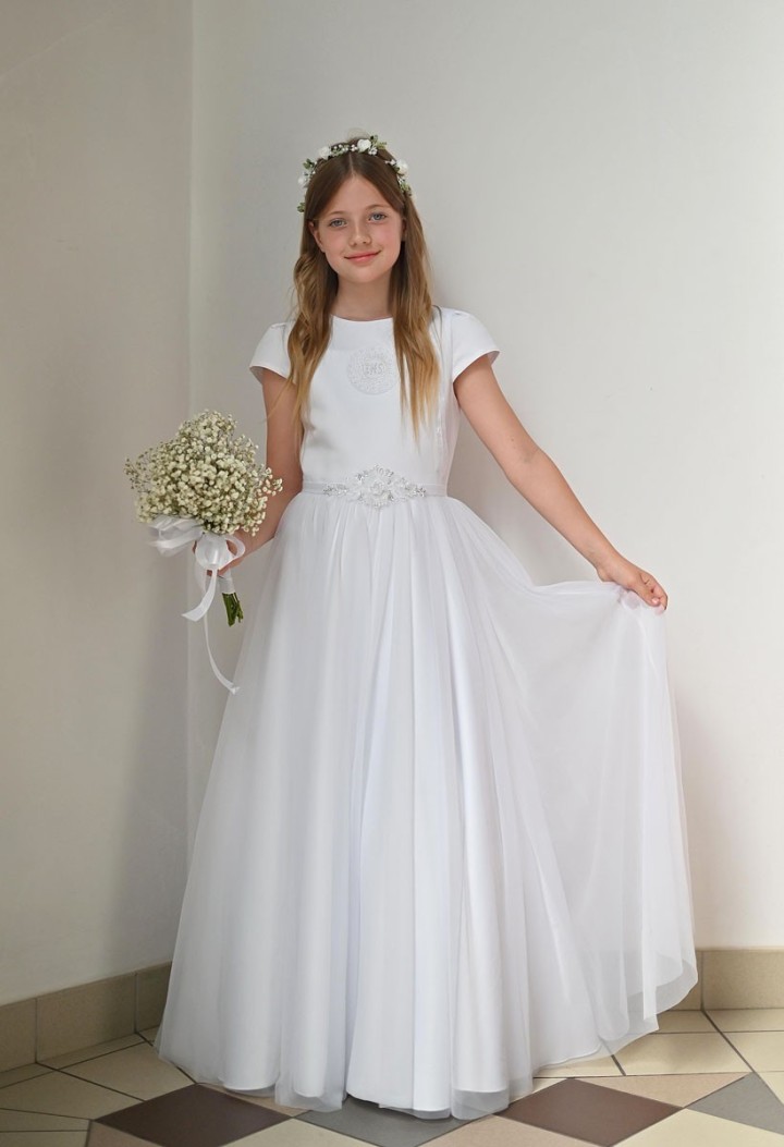 piękna satynowa sukienka do komunii z szyfonem