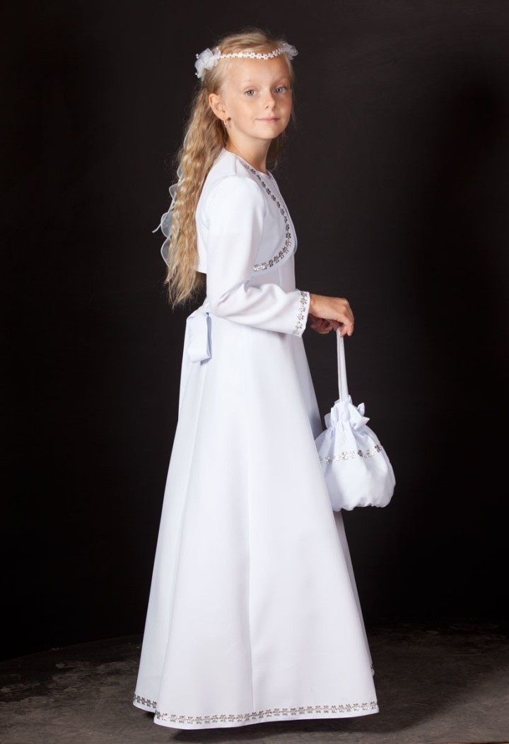 Liturgiczna sukienka komunijna zdobiona delikatnymi kwiatkami - Celinka 024 - MKMaryla