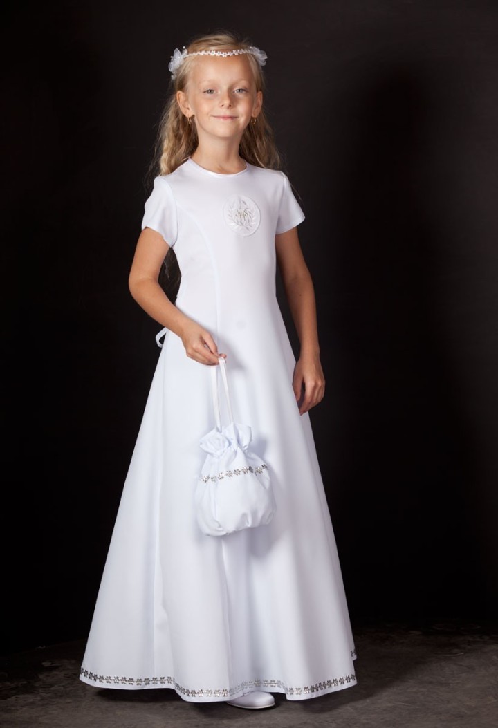 Celinka 024 - skromna sukienka komunijna zdobiona kwiatkami - MKMaryla