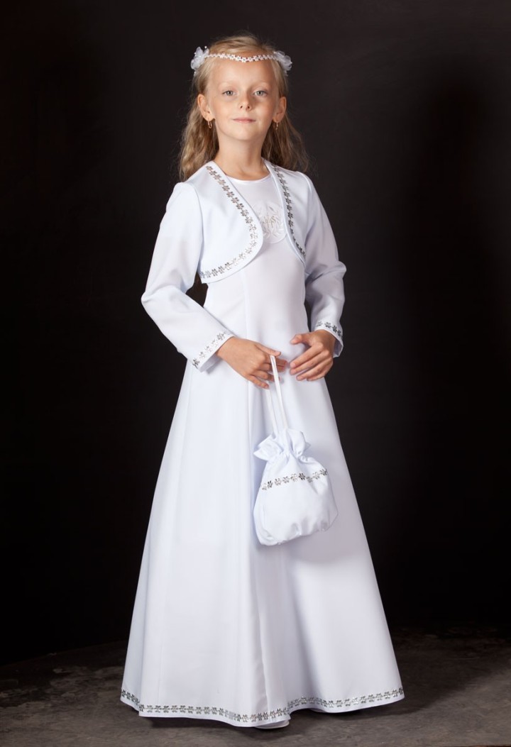 Sukienka celinka 024 - sukienka komunijna zdobiona delikatnymi srebrnymi kwiatkami - MKMaryla