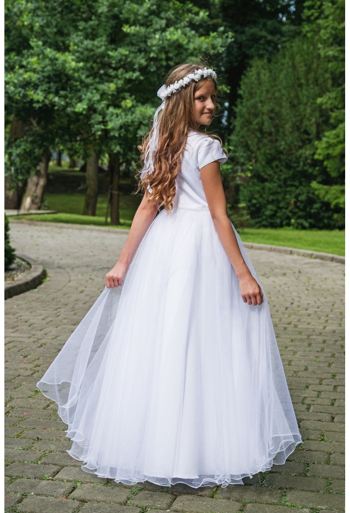 Laura 041 - wyjątkowa sukienka komunijna z satyną i szyfonem MKMaryla