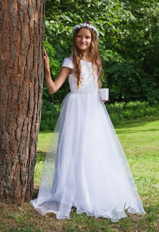 Przepiękna sukienka komunijna z satyny z brokatowym szyfonem i wyjątkową ozdobą na korpusie