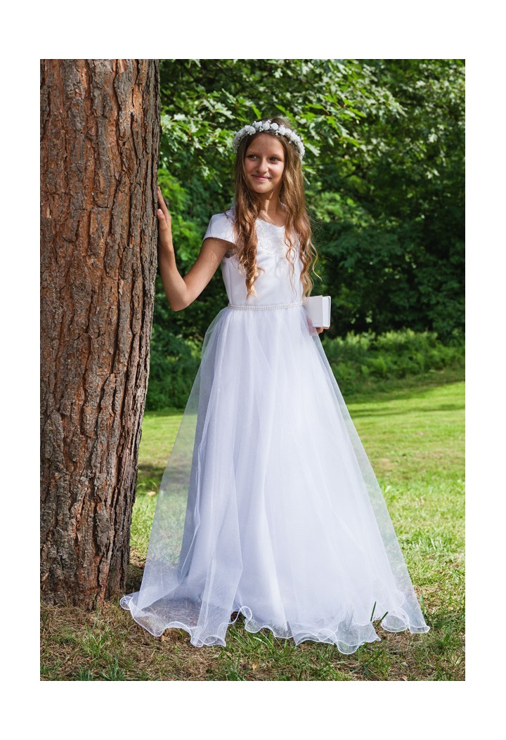 Beautiful satin communion dress with brocade chiffon and unique decoration on the body