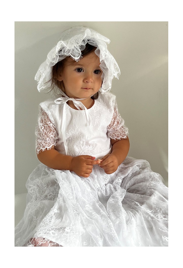 Piękna sukienka do chrztu w stylu retro koronka francuska