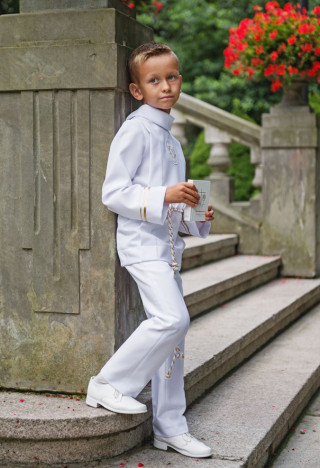 Communion outfit for boy decorated on sleeves with ribbon Antoś 012 - MKMaryla