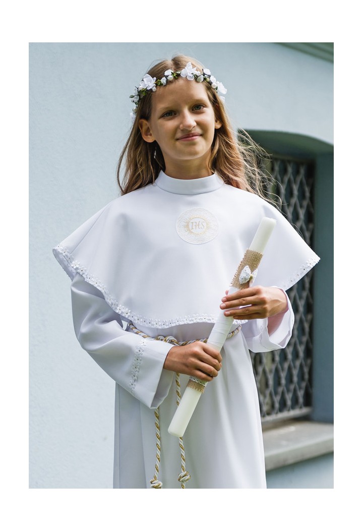 Długa alba komunijna dla dziewczynki z kwiatuszkami od MK Maryla
