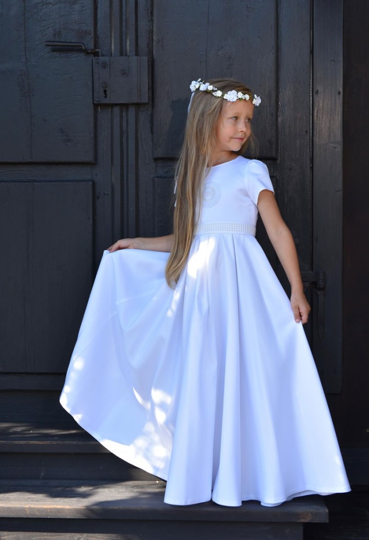 Delikatnie zdobiona sukienka komunijna satynowa - Elza 028 - MKMaryla