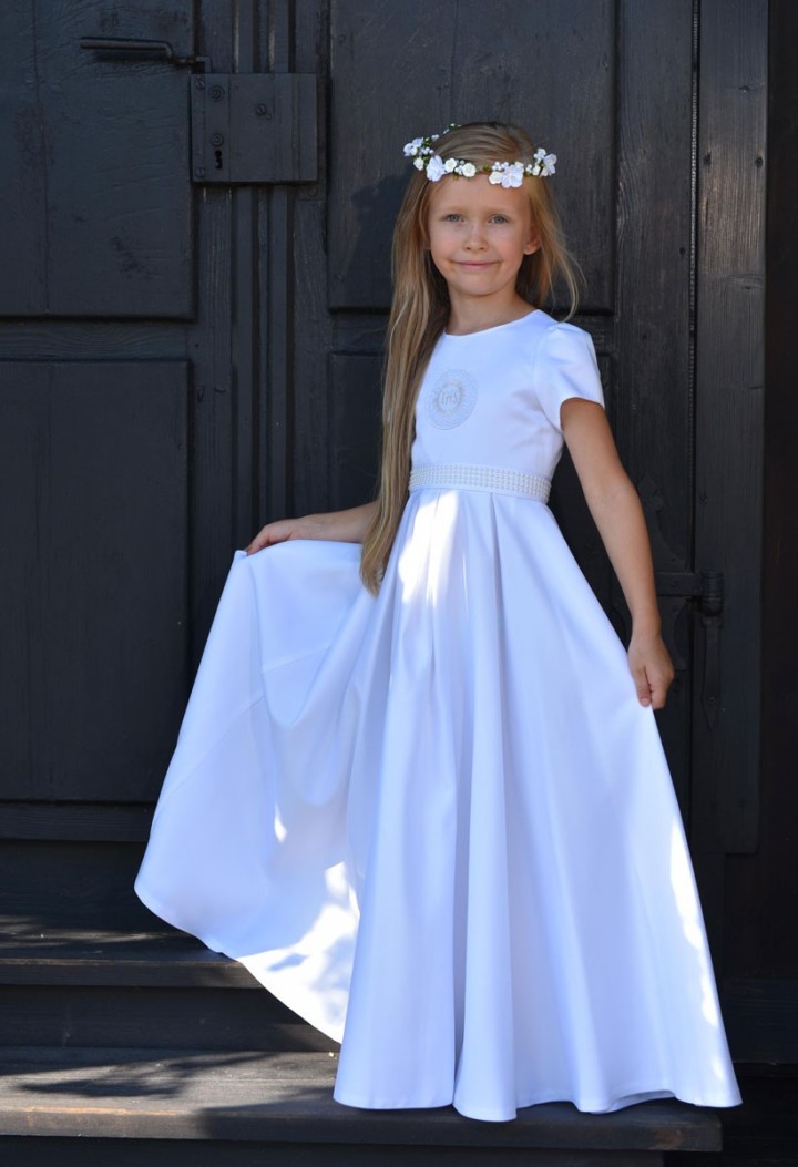 Elegantes weißes Kommunionskleid für ein Mädchen - Elza 028 - MKMaryla