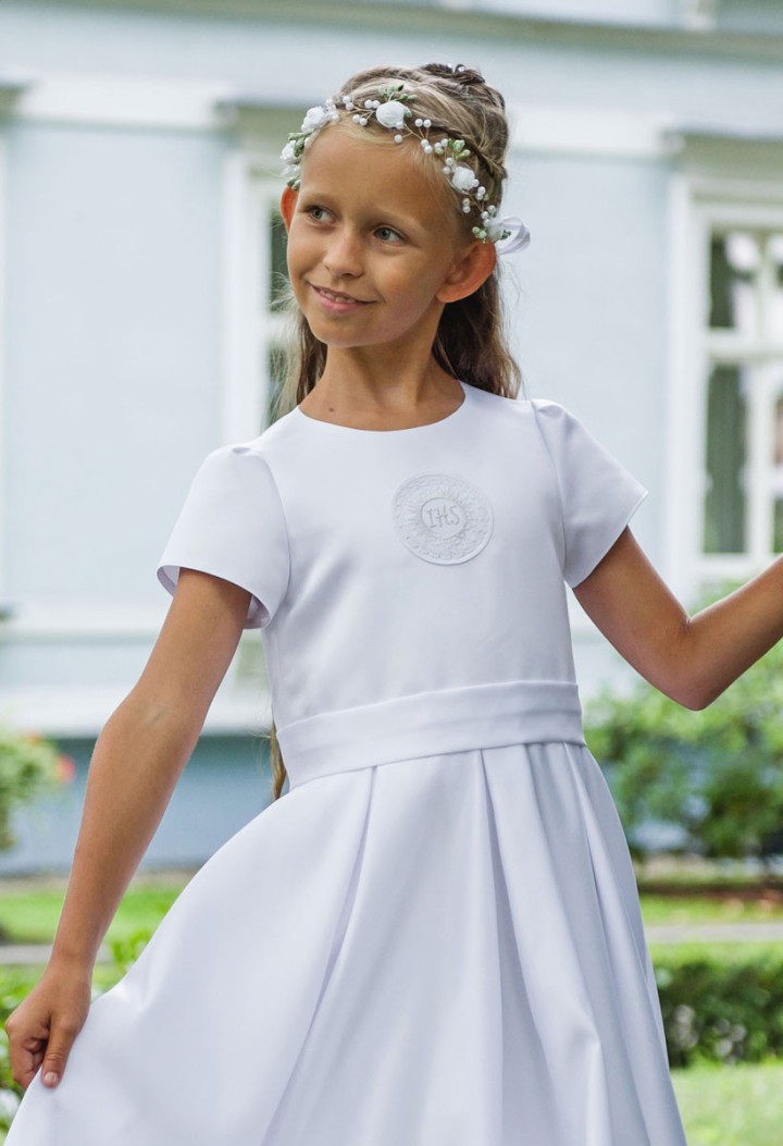 Elza 999 śnieżnobiała satynowa sukienka komunijna - MK Maryla