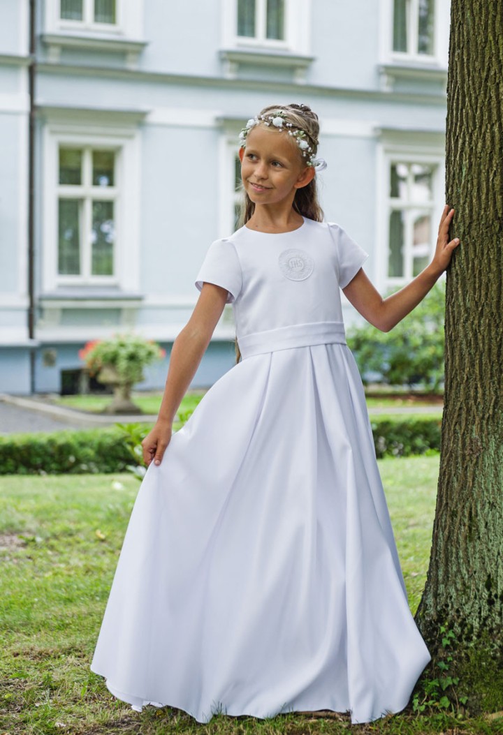 Elza 999 śnieżnobiała satynowa sukienka komunijna - MK Maryla