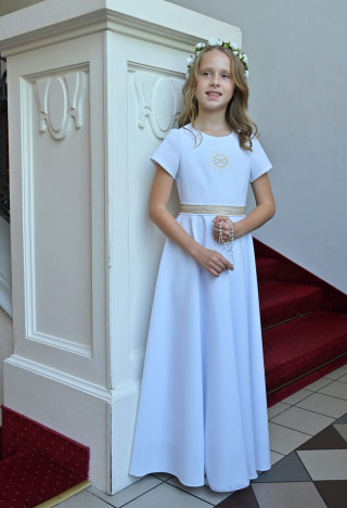 Communion dress decorated with a gold belt - Marta 025 - MKMaryla