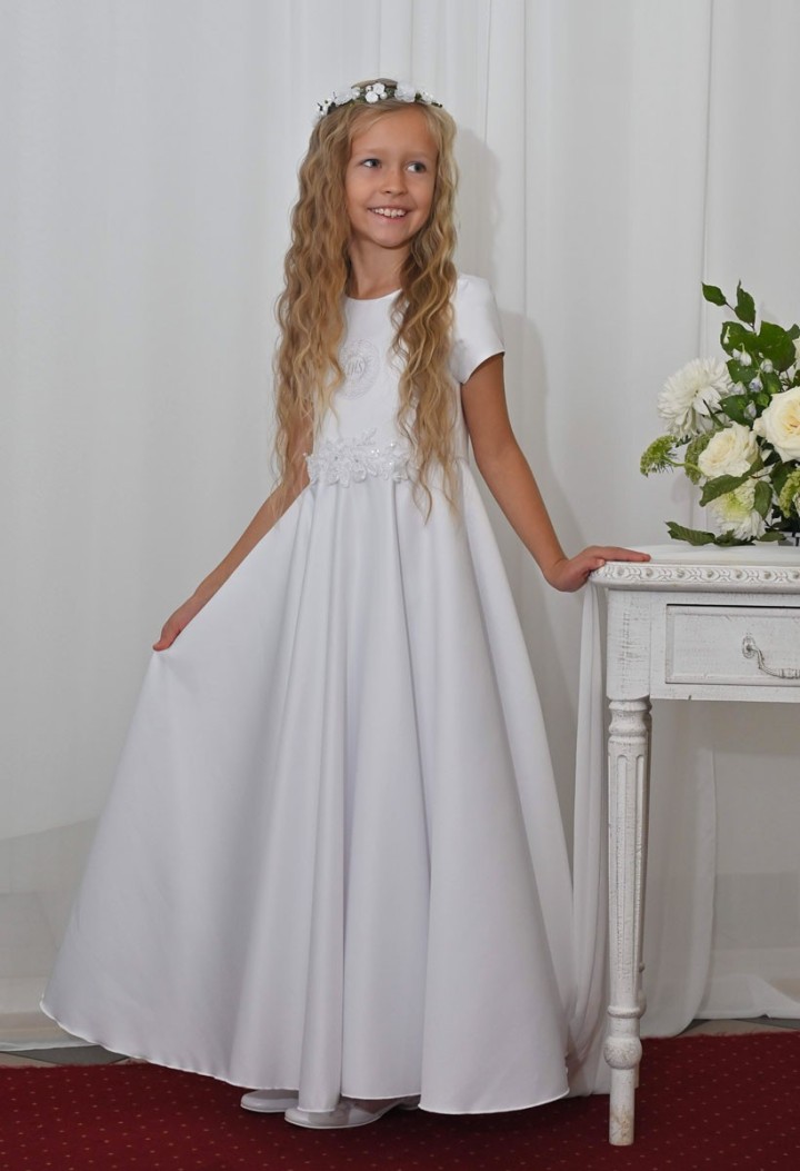 Schneeweißes Kommunionkleid aus Satin für ein Mädchen - Alicia 062 - MKMaryla