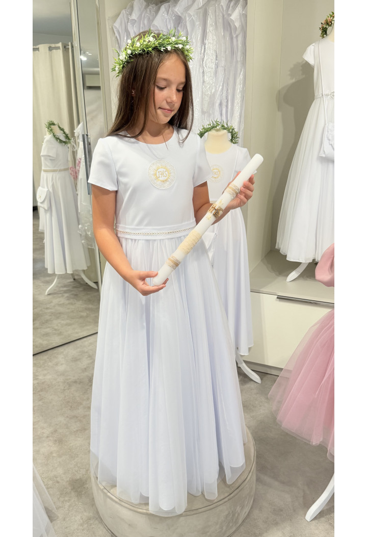 Tosia 016 šaty na sväté prijímanie s tylom a ozdobnou stuhou MKMaryla