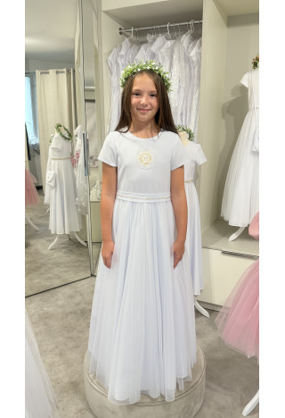 Tosia 016 sukienka komunijna z tiulem i ozdobną taśmą MKMaryla