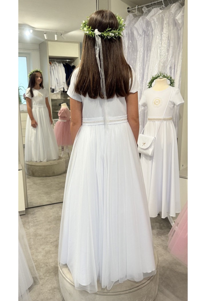 Tosia 016 šaty na sväté prijímanie s tylom a ozdobnou stuhou MKMaryla