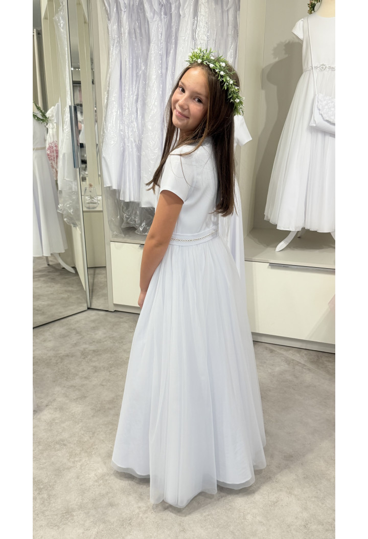 Tosia 016 šaty na sväté prijímanie s tylom a ozdobnou stuhou MKMaryla
