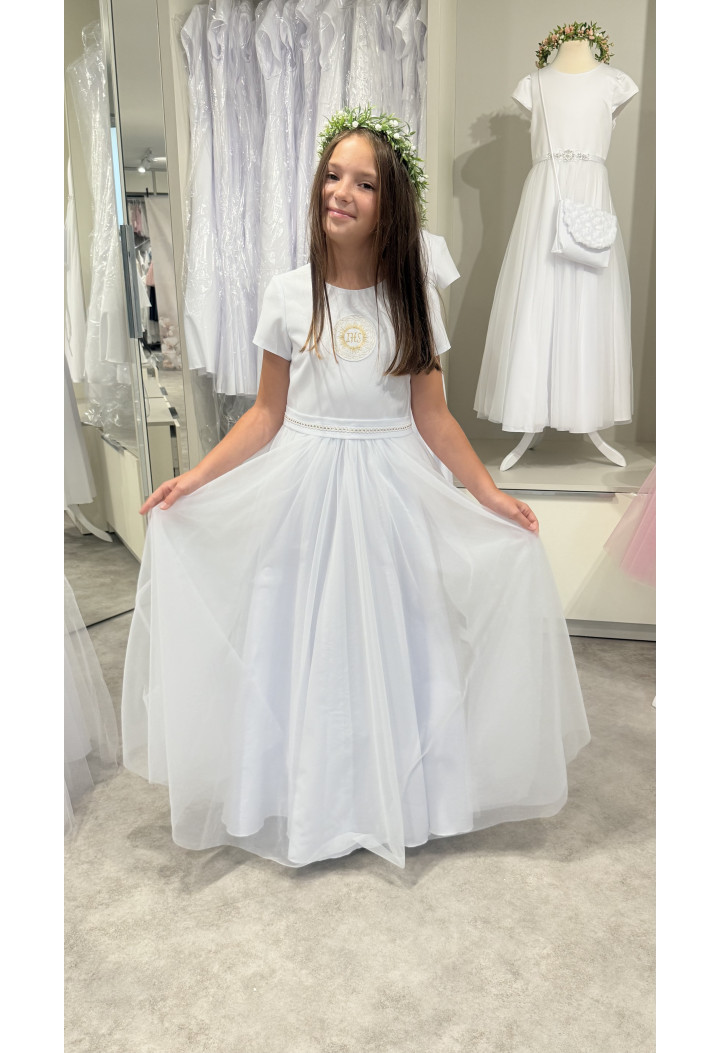 Tosia 016 šaty na sväté prijímanie s tylom a ozdobnou stuhou MKMaryla