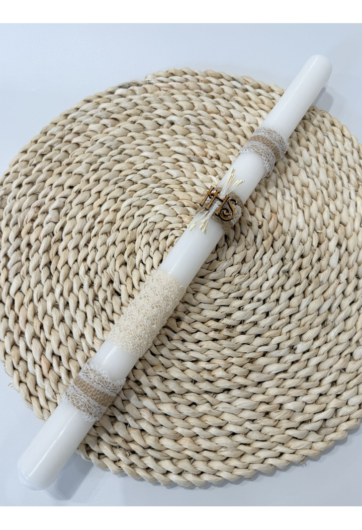 Kommunionkerze mit Engel – handgefertigte Boho-Kerze mit Schleife | Andenken an die Erstkommunion