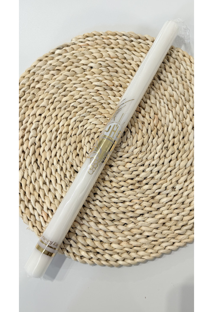 Świeca komunijna z aplikacją w kolorze złotym – kielich, opłatek, winogrona | Pamiątka Pierwszej Komunii Świętej