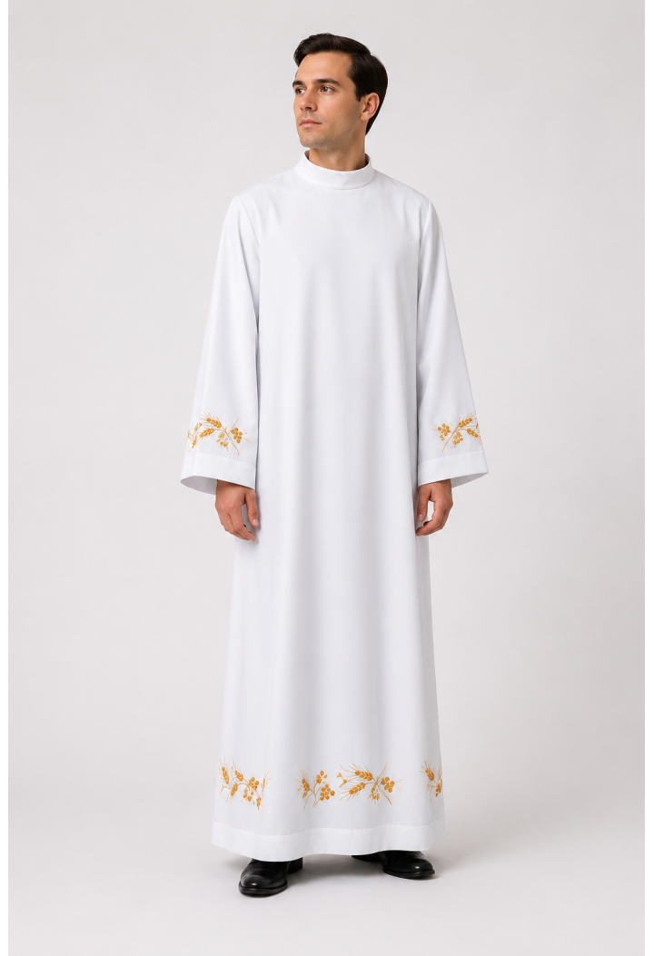 Witte liturgische alba met korenarenborduurwerk | Elegante liturgische alba