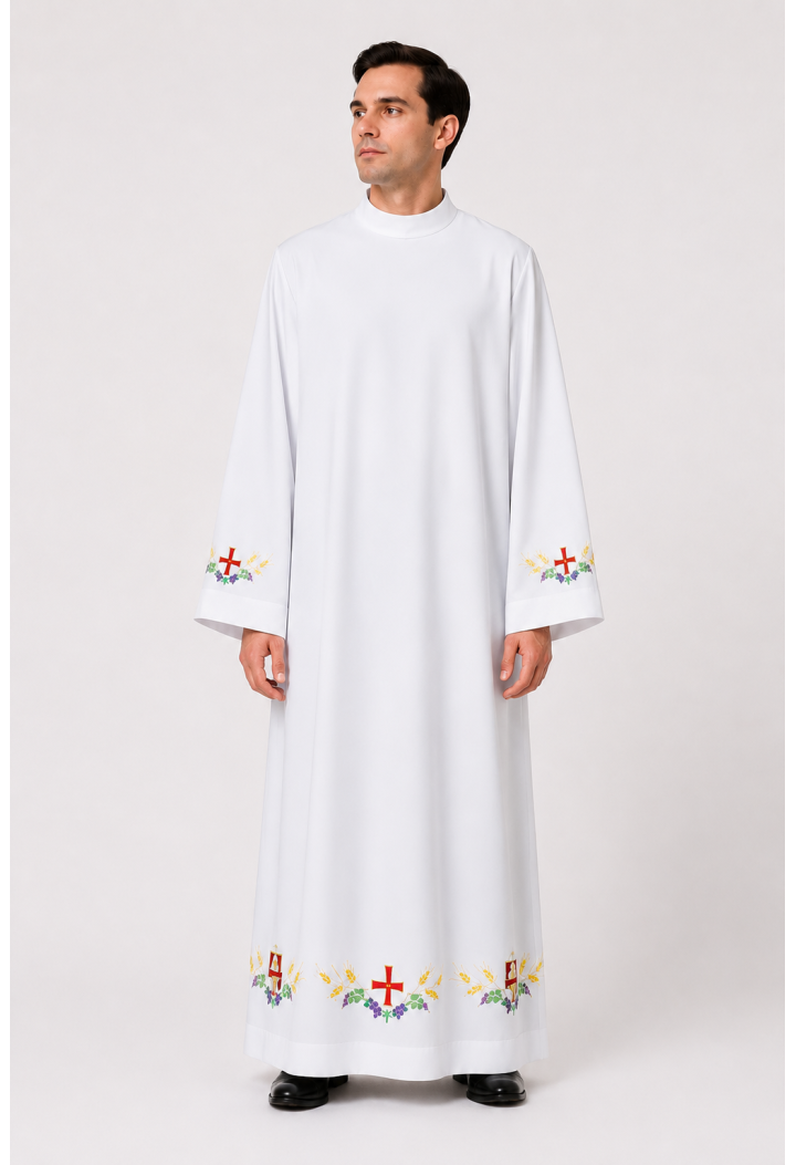 Alba litúrgica blanca con bordado eucarístico | Bordado con una cruz, espigas y racimos de uva
