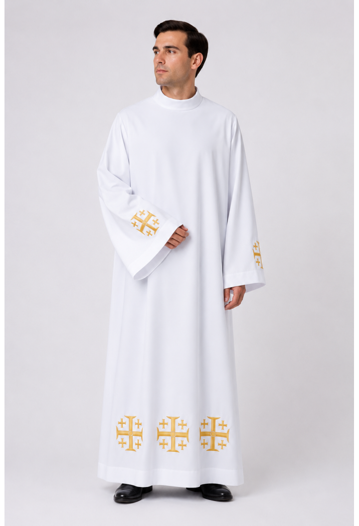 Liturgical Alba with Jerusalem Cross Embroidery | Elegant Liturgical Alba