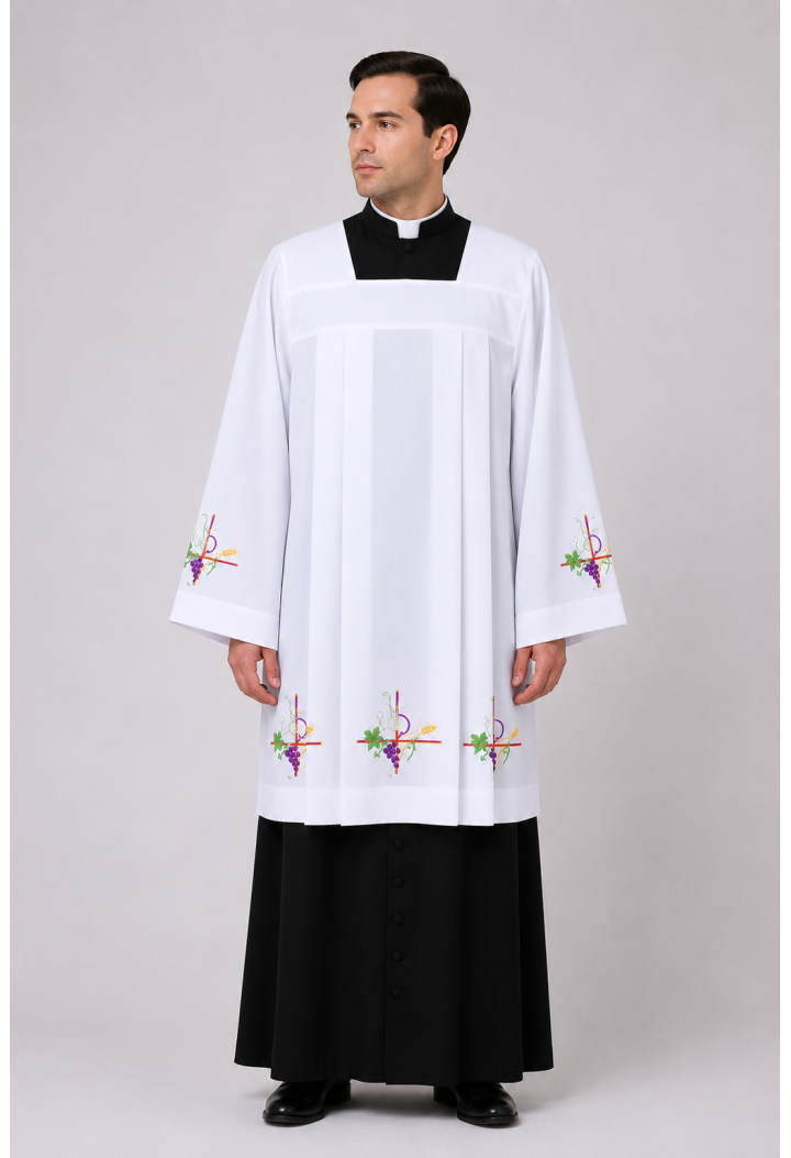 Komża liturgiczna z haftem eucharystycznym | Biała komża liturgiczna