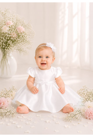 White Satin Christening Dress for Girls with Puff Sleeves