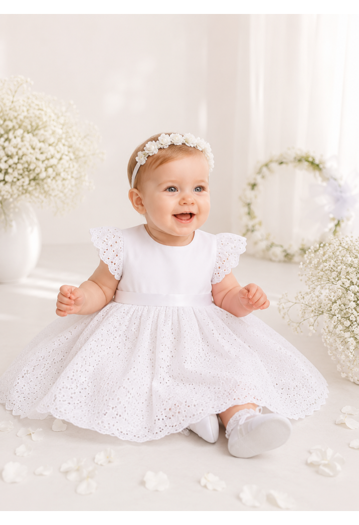 Robe de baptême pour petite fille avec broderie anglaise | Blanche