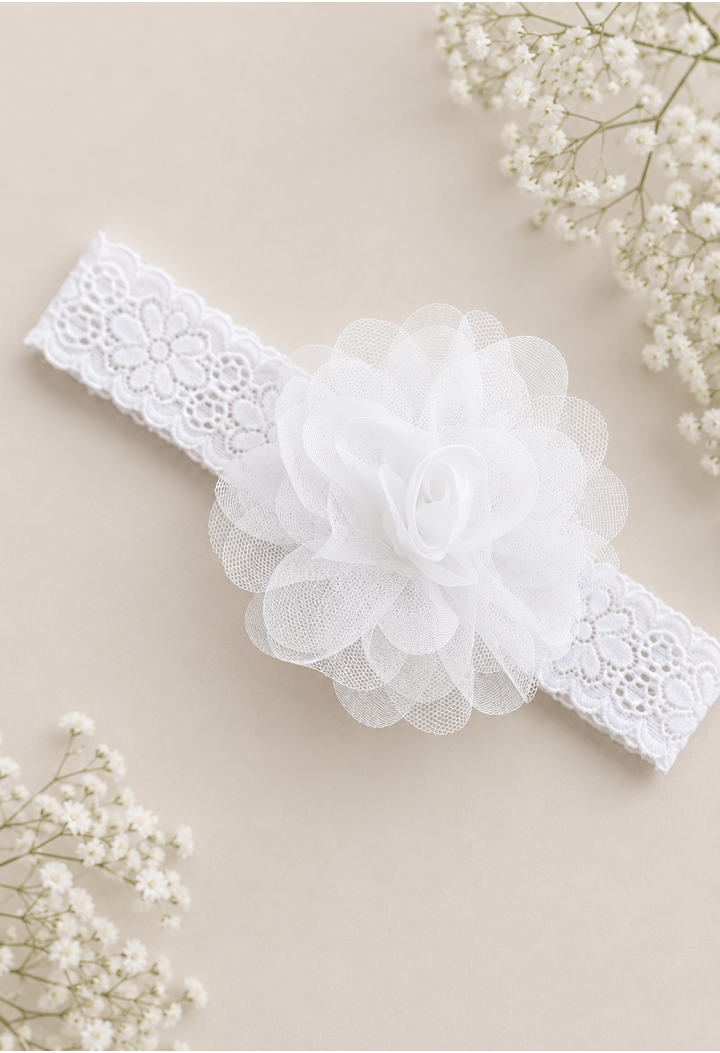 Bandeau de baptême avec une fleur blanche pour petite fille | MK Maryla