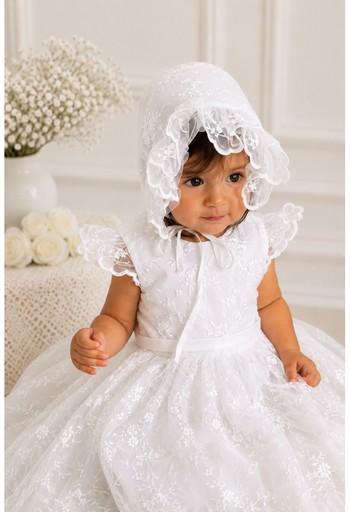 Bonnet de baptême « Royal Baby » avec dentelle brodée | MK Maryla