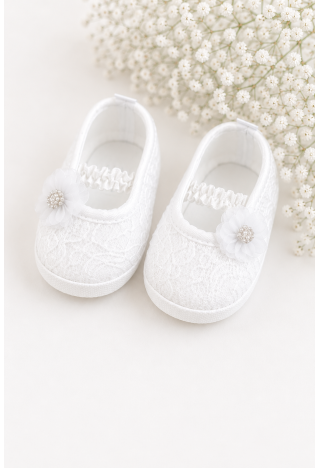 Christening Ballet Flats for Girls with Lace and a Pearl Flower | MK Maryla