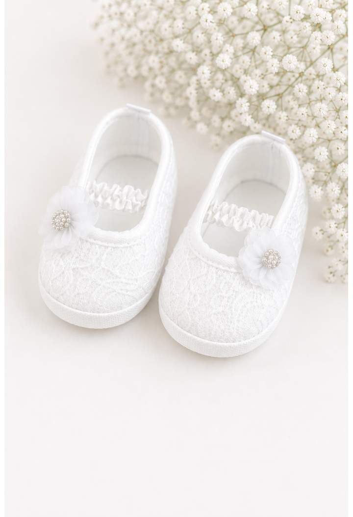 Christening Ballet Flats for Girls with Lace and a Pearl Flower | MK Maryla