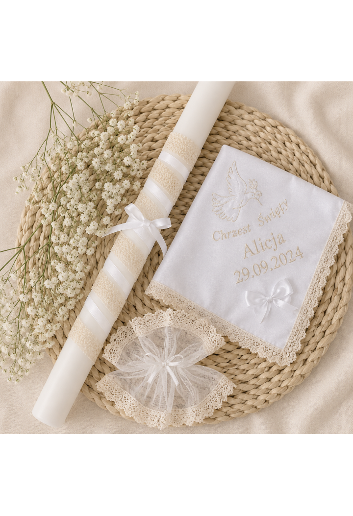 Świeca do chrztu z beżowym dodatkiem | Elegancka | MK Maryla