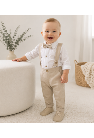 Ensemble de baptême pour garçon « Dominik » – Pantalon à bretelles beige et body chemise | MK Maryla