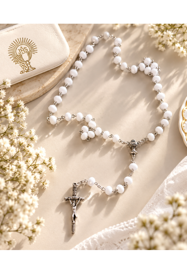 White rosary for communion - pearl beads - MK Maryla